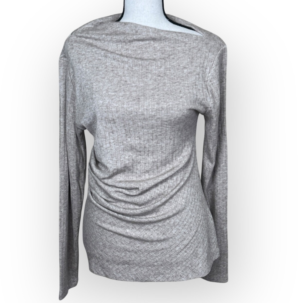 LOFT Ribbed Cowl Neck Long Sleeve Ruched Shirt Top Beige Asymmetrical Hem